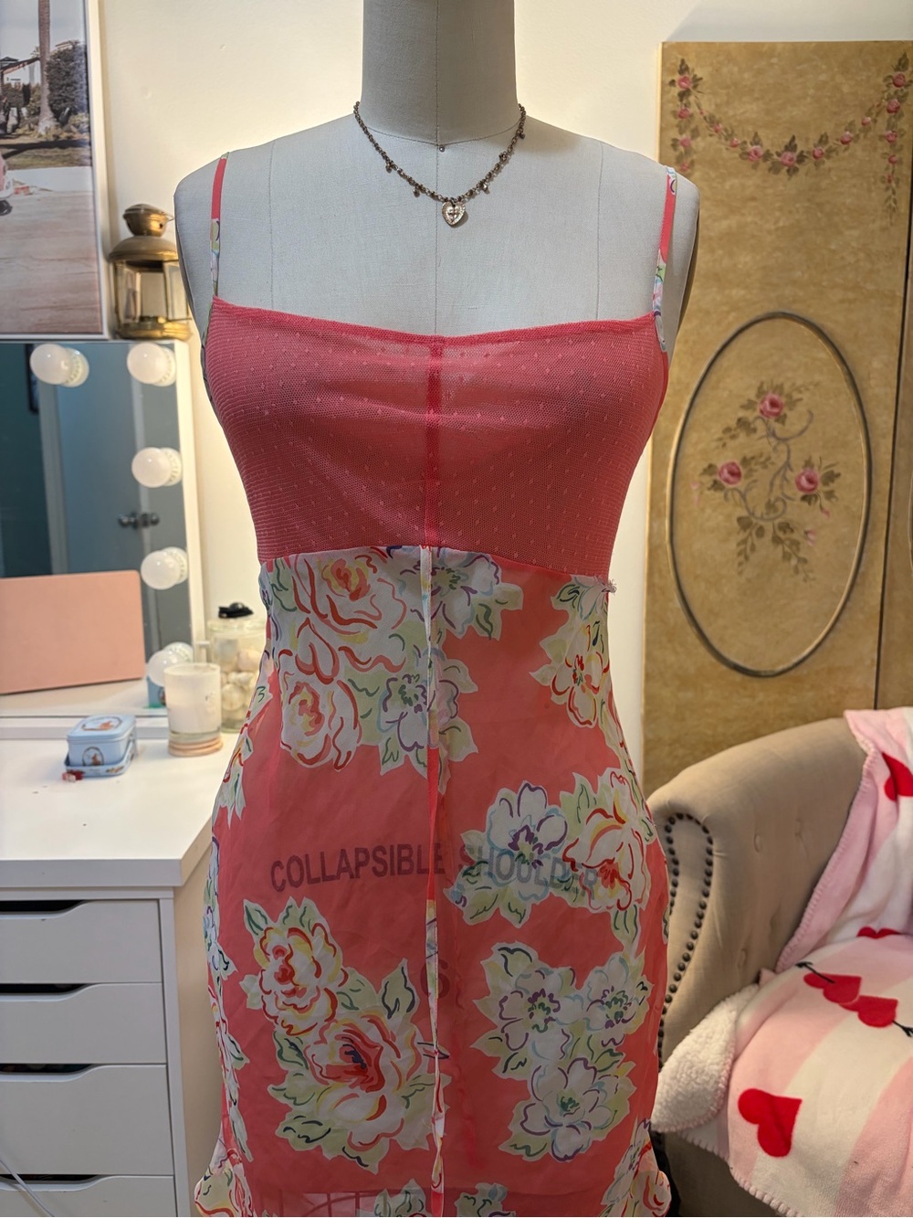 Coral Floral Slip Dress with Sheer Skirt